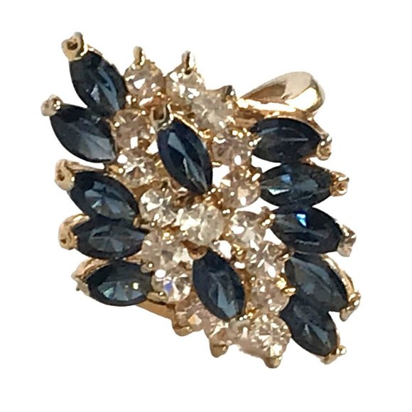 Gold Tone Cocktail Ring Dark Blue Marquise and Clear Round Crystal Cluster Sz 6 - Picture 4 of 6